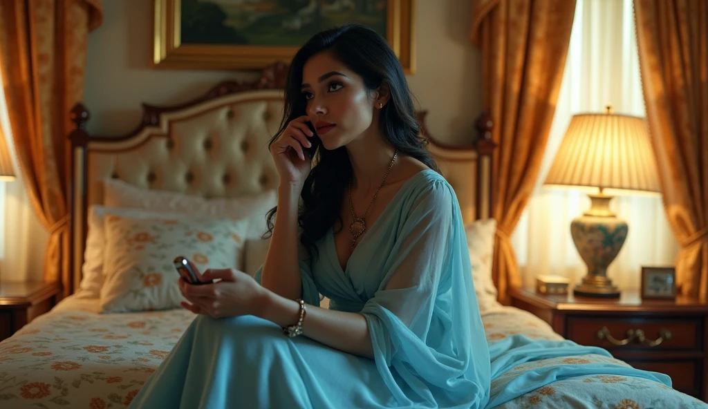 A 24 year old very beautiful girl named Shreya is preparing to escape from her luxurious bedroom. She is talking to someone on the phone and is in the house. She is wearing a skyblue frock and is holding the car keys in one hand. 