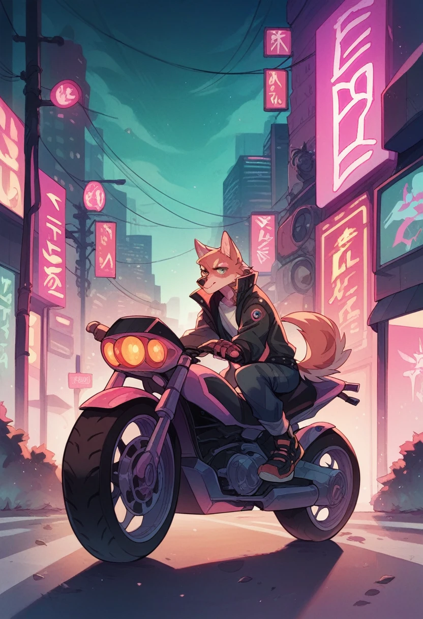 Wolf on a motorbike in cyberpunk at night teal, orange and pink neon lights fog
