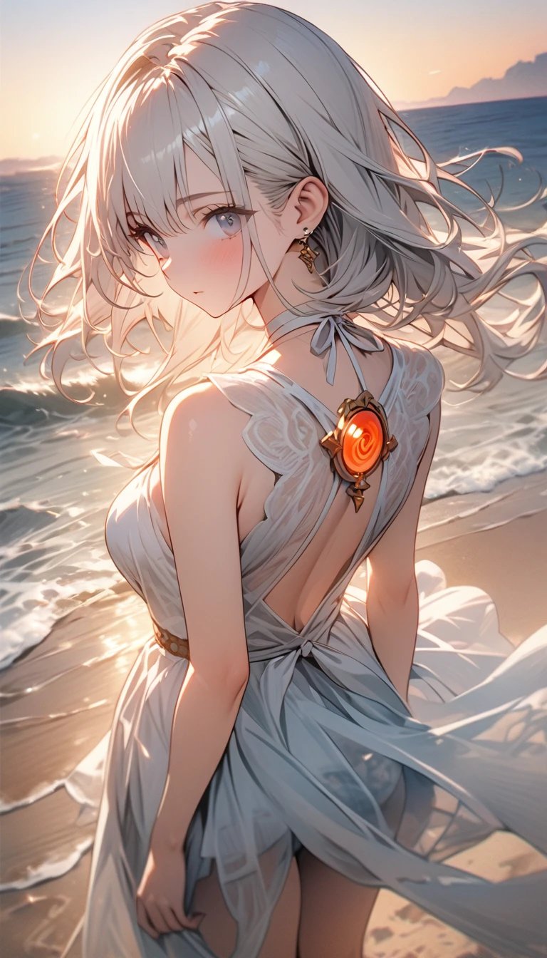 Beautiful girl with long white hair, swimsuit, chiffon, On the beach,Back, Wide-angle shooting, Vision,Shooting at an elevated angle, whole body, Sunset, Dusk, Sunset,best quality, 4K, 8k, Very detailed, High Detail, masterpiece