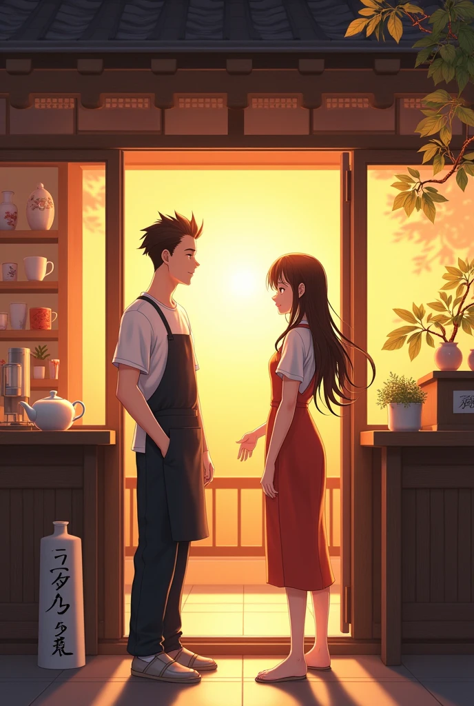Two characthers in the frame with modern anime theme art. one character is male with flat face expression with coma hairstyle using white t-shirt and apron on it standing behind the counter. the male character looking at Beautiful female with beautiful smile with long hair and japanese one piece coming from the front door. The tea shop with western traditional vibe with sunset time setting
