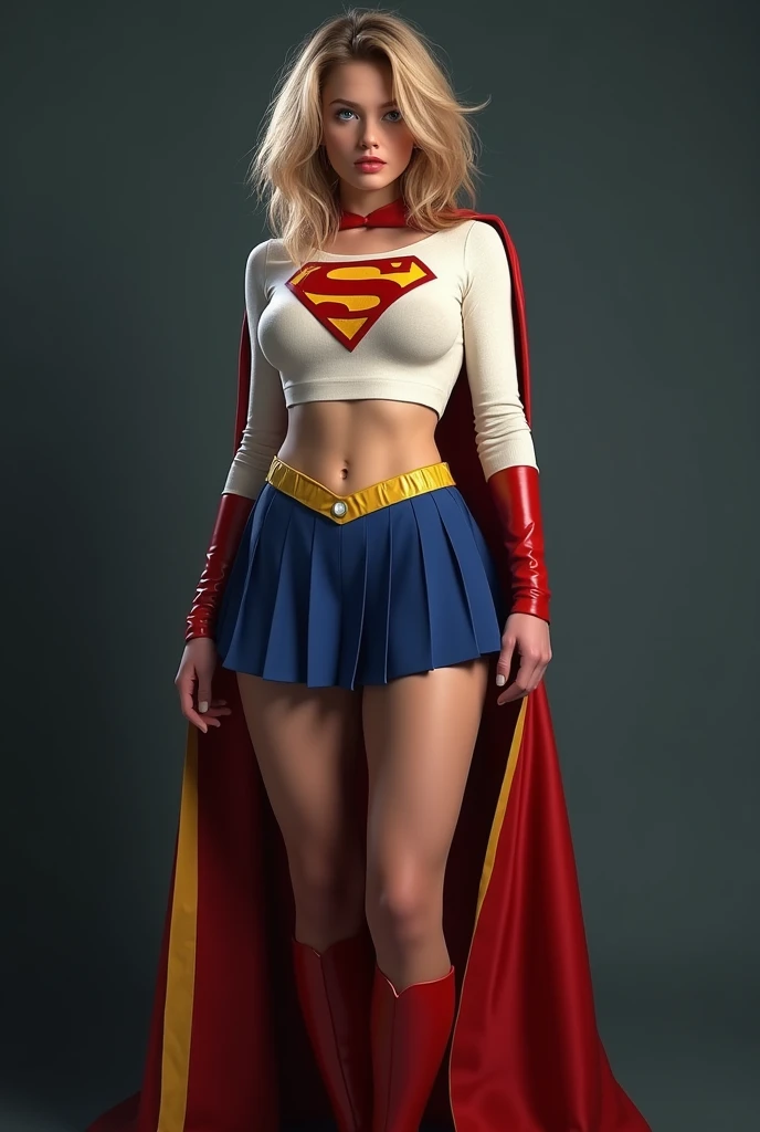 extremely busty, full view of A SEXY AGE FEMALE WITH DARK BLUE EYES AND MEDIUM MESSY GOLDEN BLONDE HAIR WEARING A CLASSIC WHITE SUPERGIRL LONG SLEEVED CROP TOP COSTUME, A SHORT BLUE PLEATED SKIRT WITH A YELLOW SUPERGIRL BELT, RED HIGH HEELED SUPERGIRL BOOTS, AND SHORT RED SUPERGIRL CAPE WITH YELLOW TRIM. , incredibly detailed skin and eyes, seductive poses, 8K resolution, masterpiece, ultra-detailed, realistic, photo-realistic, vivid colors, dramatic lighting,massive busty chest.