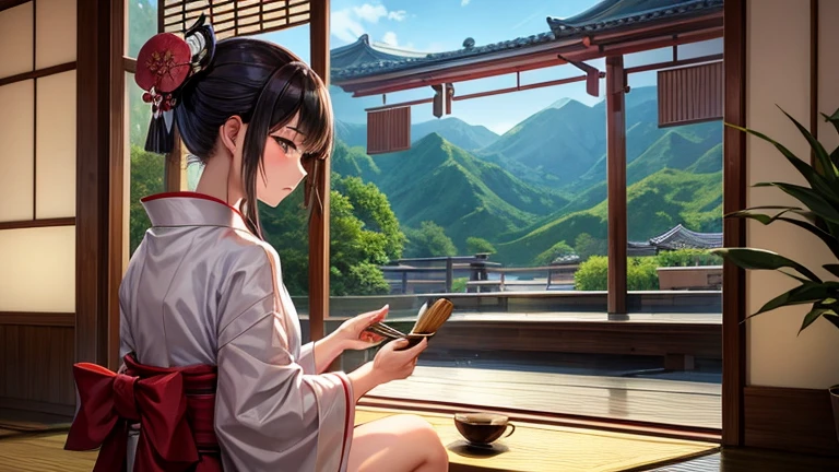 A part-time woman in a kimono working at a teahouse、Please draw an illustration of tea ceremony utensils being arranged.。The woman has a concentrated expression、Preparing to make tea。The background features bamboo fences and tatami floors.、There is a calm atmosphere。