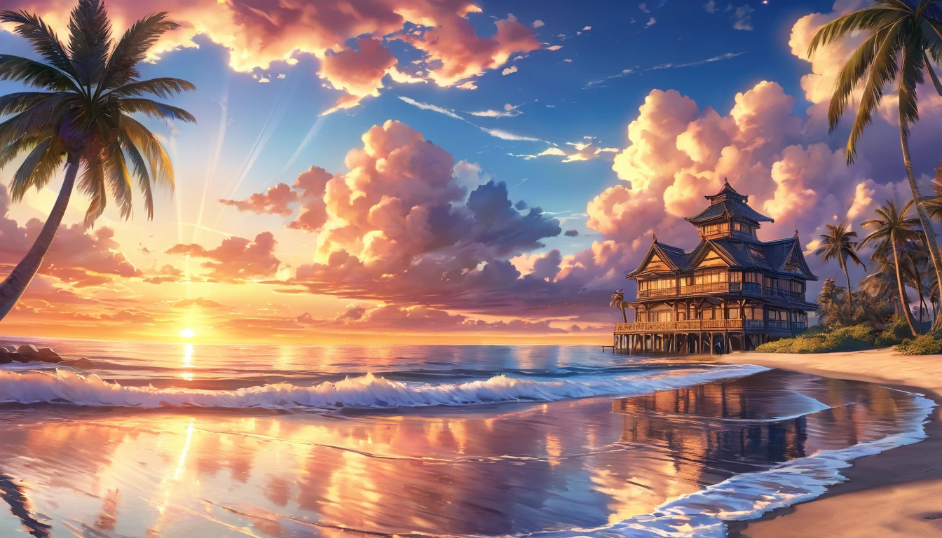 a beautiful tranquil sunset over a calm ocean, anime style, highly detailed, 8k, HDR, vivid colors, dramatic lighting, reflections on the water, detailed clouds, detailed wave patterns, detailed sandy beach, detailed palm trees, detailed architecture in the distance, photorealistic, masterpiece
