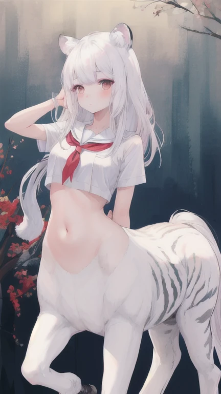 (best quality, masterpiece), 1 girl, centaur, I beg, White skin, Korean schoolgirl,  ,black pink, exposing the abdomen, beautiful girl perfect, White tiger photo, 완벽한  White tiger photo