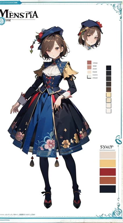 menera style, by Ernst Haeckel, exquisite illustration of a girl wearing flowers, anime, pixiv, kawaii girl, facing forward, Character sheet, clothes sheet, Pomni, Pale Skin, Brown Hair, Multicolored Eyes, Red Eye, Blue Eye, Jester Hat, Jester Outfit