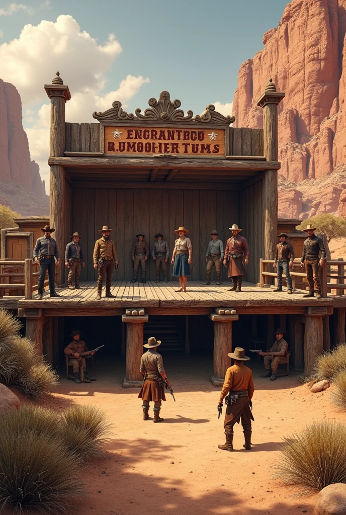 (photorealism:1.2), create an elevated stage with a design and theme about wild west