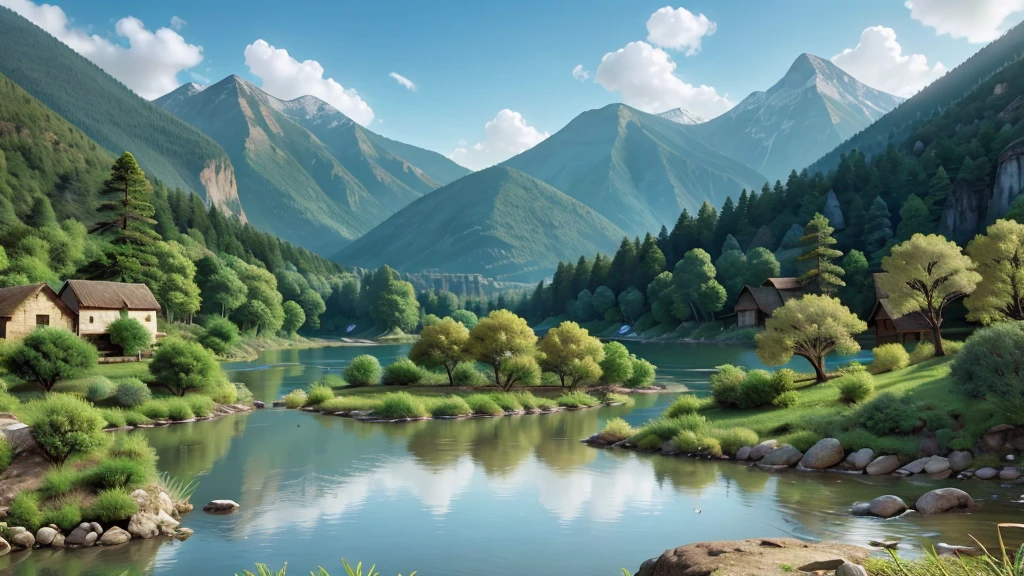 Mysterious natural beauty. River. Mountain. Lake, ancient village, vegetation. Real photo. High definition. 8k