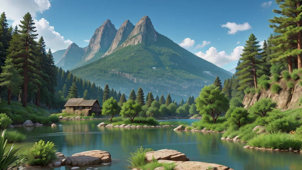 Mysterious natural beauty. River. Mountain. Lake, ancient village, vegetation. Real photo. High definition. 8k