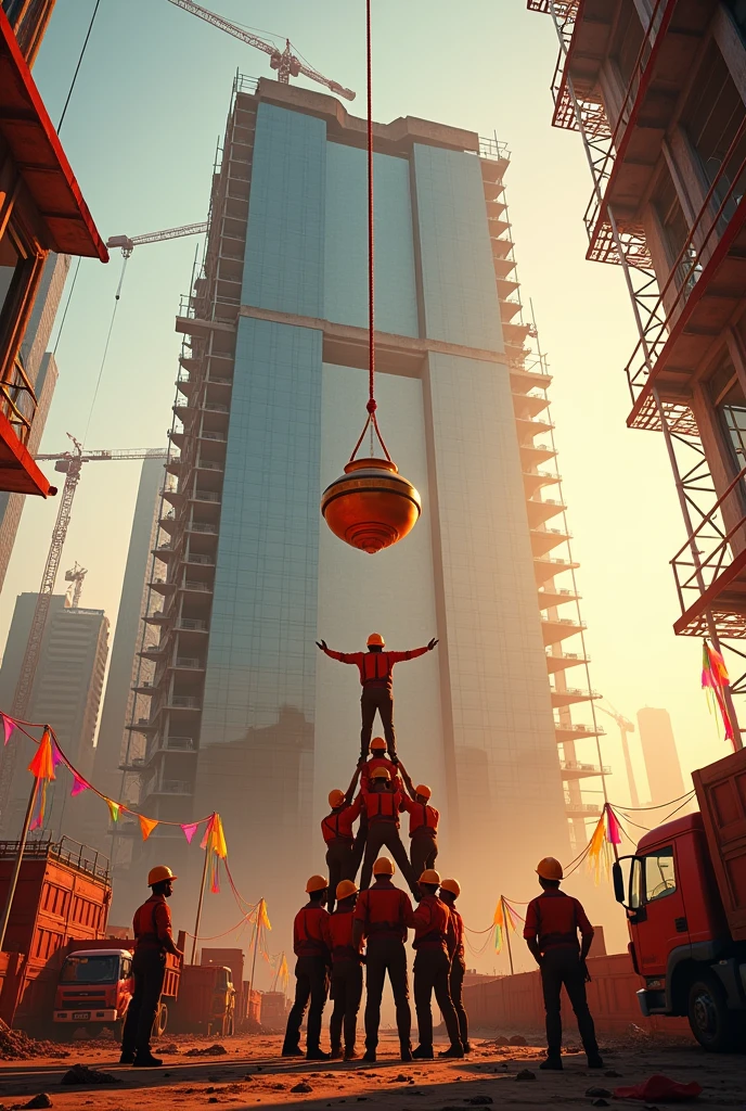 Design an image depicting a large commercial building under construction, with workers forming a human pyramid in a Dahi Handi celebration. The commercial building should be the central focus, showcasing its modern design and the ongoing construction work, including scaffolding, cranes, and workers.
In the foreground, the Dahi Handi pot is suspended at a high point, either by a crane or from the building itself. The workers, dressed in construction gear, are forming a human pyramid to reach the pot, symbolizing teamwork, determination, and the spirit of celebration within the construction environment.
The surrounding area should include typical construction site elements such as trucks, cranes, and materials, with festive decorations like colorful flags and garlands adding a vibrant, celebratory atmosphere. The lighting should evoke a warm, golden-hour ambiance, enhancing the overall festive and cinematic feel of the image.
Ensure that the image includes a space for the company’s logo, possibly in one of the corners, to integrate branding while maintaining the balance between the construction theme and the Janmashtami festival. want some logo space also and some slogan space with attarctive background and clear vision