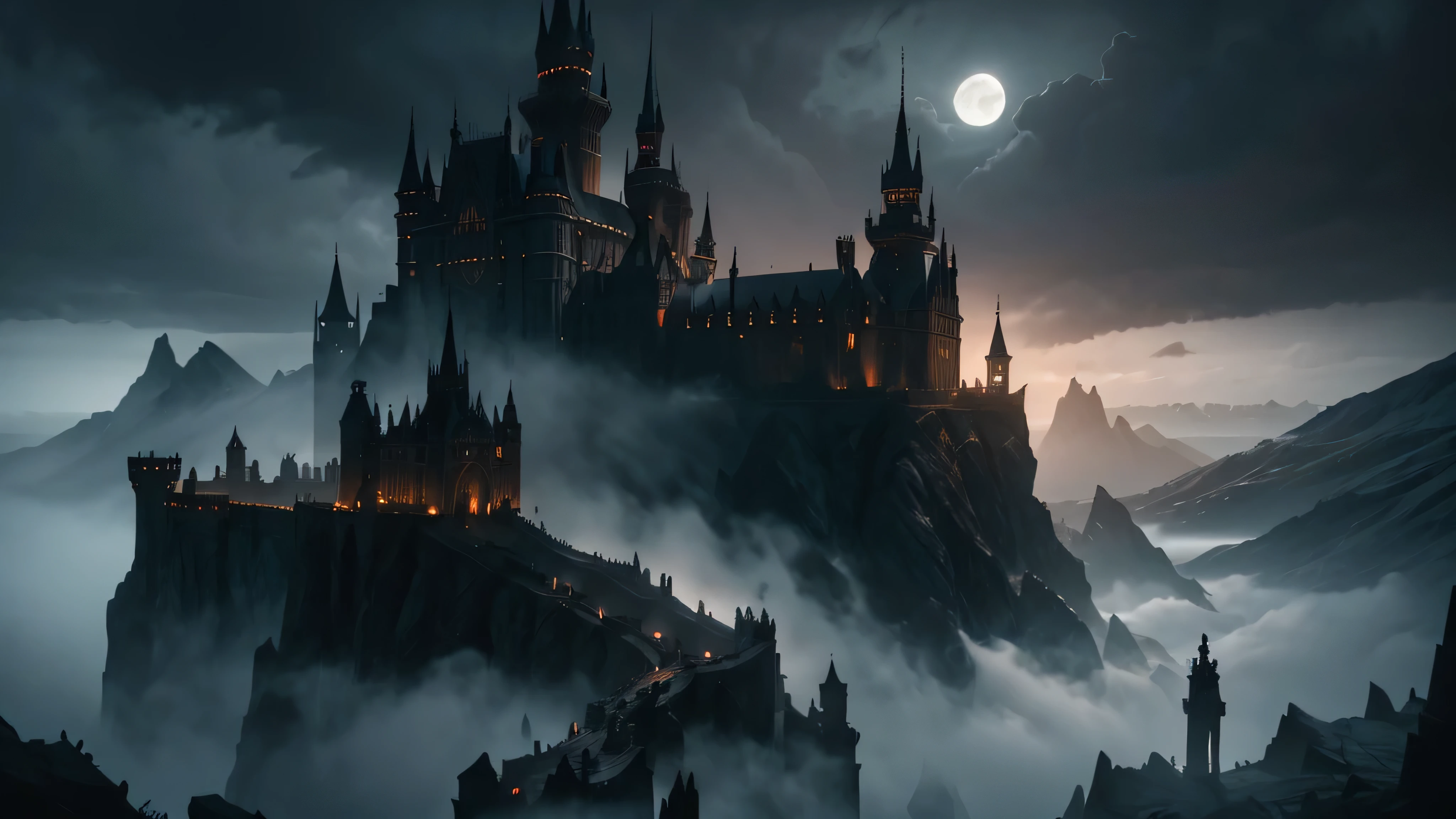 a dark fantasy scene, dramatic moody lighting, ornate castle on a cliff, fog swirling around, ghostly figures in the distance, dark clouds in the sky, full moon, dramatic atmosphere, intricate details, cinematic composition, muted color palette, gothic architecture, dramatic lighting and shadows, highly detailed, masterpiece, photorealistic, 8k