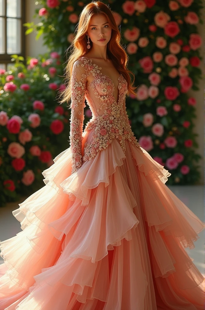 Create me a feminine spring outfit/summer, that is extravagant(like the ones used at the Met Gala), full body.