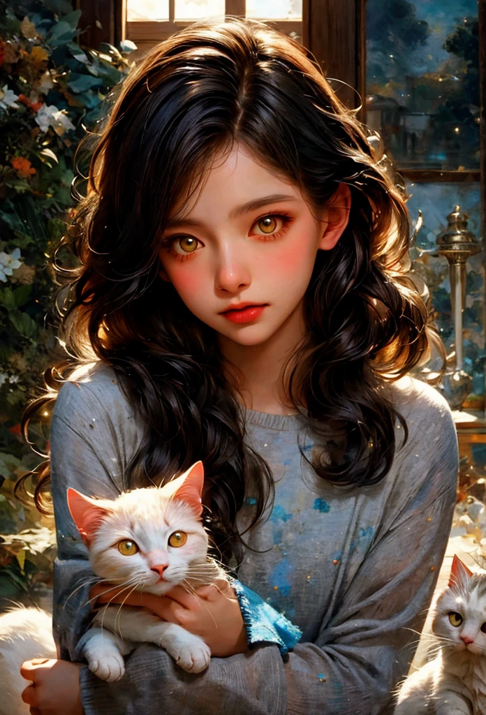 an oil painting of a girl and a white cat, deep bond between the girl and the cat, close-up of the torso with a direct gaze, peaceful, high resolution, sharp silhouette, 3D textures, extremely detailed, oil painting style, cat with intricate details, 1 girl, beautiful detailed eyes, beautiful detailed lips, extremely detailed face and eyes, long eyelashes, delicate features, serene expression, white cat, soft muted colors, natural lighting, dramatic chiaroscuro, masterpiece, photorealistic, 8k, ultra-detailed, professionally painted