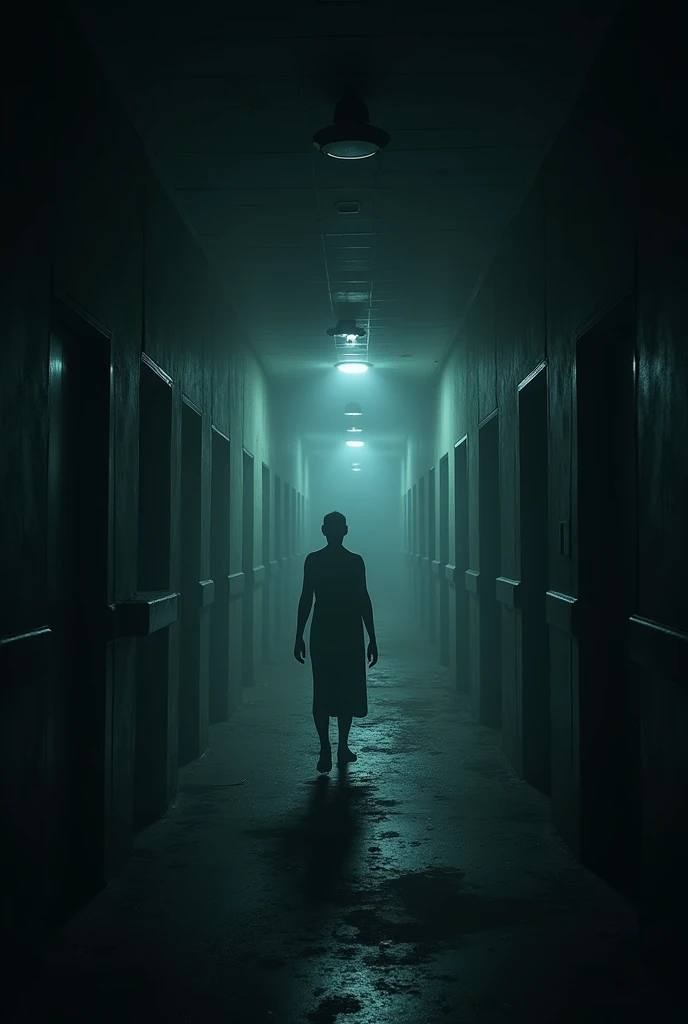 A scary night in the old hospital where the light is dim and the dim lamps are flashing and no one is there.