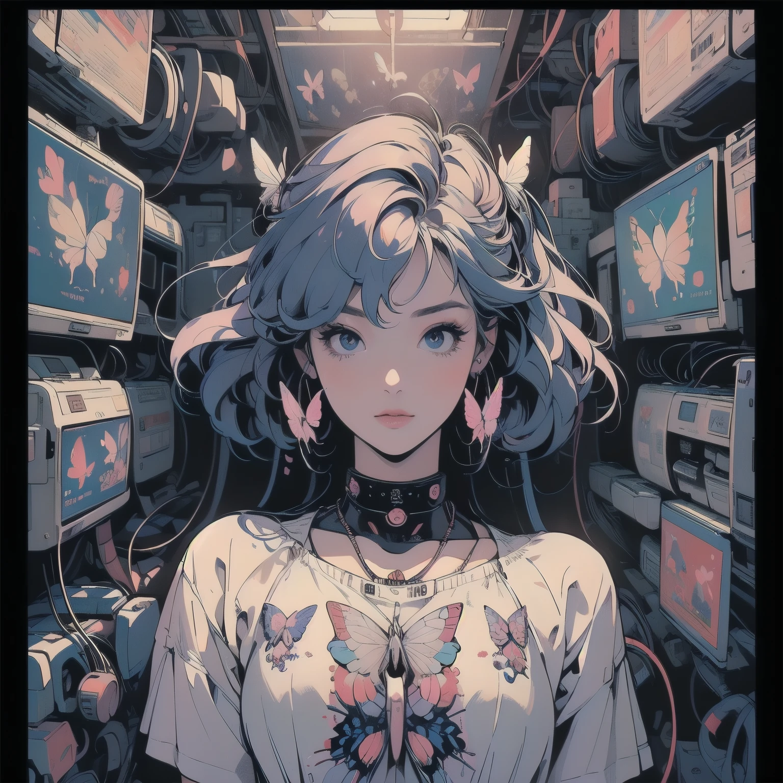 (((masterpiece, Highest quality)))、(((32K Wallpapers)))、The most detailed machine、(((The most complete and detailed red futuristic machine and a woman)))、The most detailed background、(((Flat Chest)))、(((Surrounded by many complex, sophisticated, futuristic machines)))、head shot,((((various pose))))、((Overall colorfully))、A perfect machine、(((Perfect Face)))、(((The most complete machine of the future)))、Detailed Hair、Short sleeve white T-shirt、Colorful hair color、(((Mechanical Butterfly))), (((Lots of cables)))