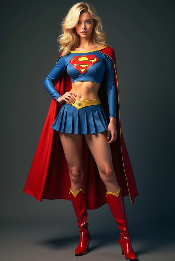 
extremely busty, full view of A SEXY AGE FEMALE WITH DARK BLUE EYES AND MEDIUM MESSY GOLDEN BLONDE HAIR WEARING A CLASSIC WHITE SUPERGIRL LONG SLEEVED CROP TOP COSTUME, A SHORT BLUE PLEATED SKIRT WITH A YELLOW SUPERGIRL BELT, RED HIGH HEELED SUPERGIRL BOOTS, AND SHORT RED SUPERGIRL CAPE WITH YELLOW TRIM. , incredibly detailed skin and eyes, seductive poses, 8K resolution, masterpiece, ultra-detailed, realistic, photo-realistic, vivid colors, dramatic lighting,massive busty chest.