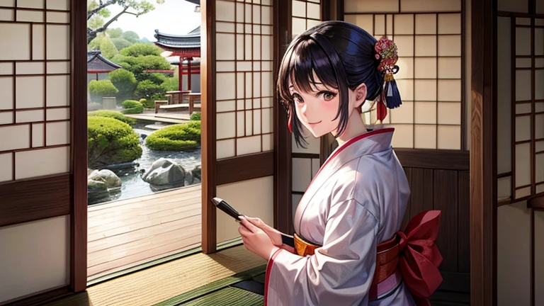 A part-time worker wearing a kimono、Please draw an illustration of someone adjusting a noren curtain outside a teahouse.。The woman was smiling as she adjusted the noren curtain.、A traditional Japanese garden spreads out in the background.。