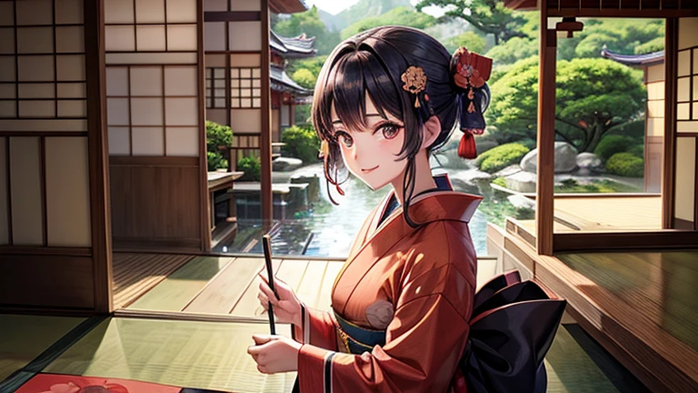 A part-time worker wearing a kimono、Please draw an illustration of someone adjusting a noren curtain outside a teahouse.。The woman was smiling as she adjusted the noren curtain.、A traditional Japanese garden spreads out in the background.。
