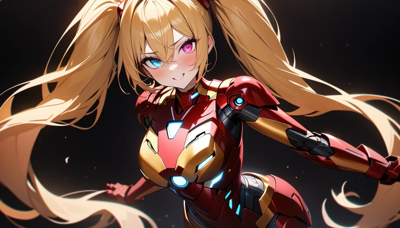 young woman、 (Detailed eyes and face)、Optimal Configuration、Golden Hair, Twin tails, ((Iron Man Armor)), masterpiece, Highest quality, Full HD, 8k, Very detailed, Great graphics、Beautiful breasts、Big Breasts、Cowboy Shot、(Black background;1.5)、(smug face:0.7)、Heterochromia iridis, (eye color is random:1.5), (Well-made down to the last detail)、(Iron Man in the background)