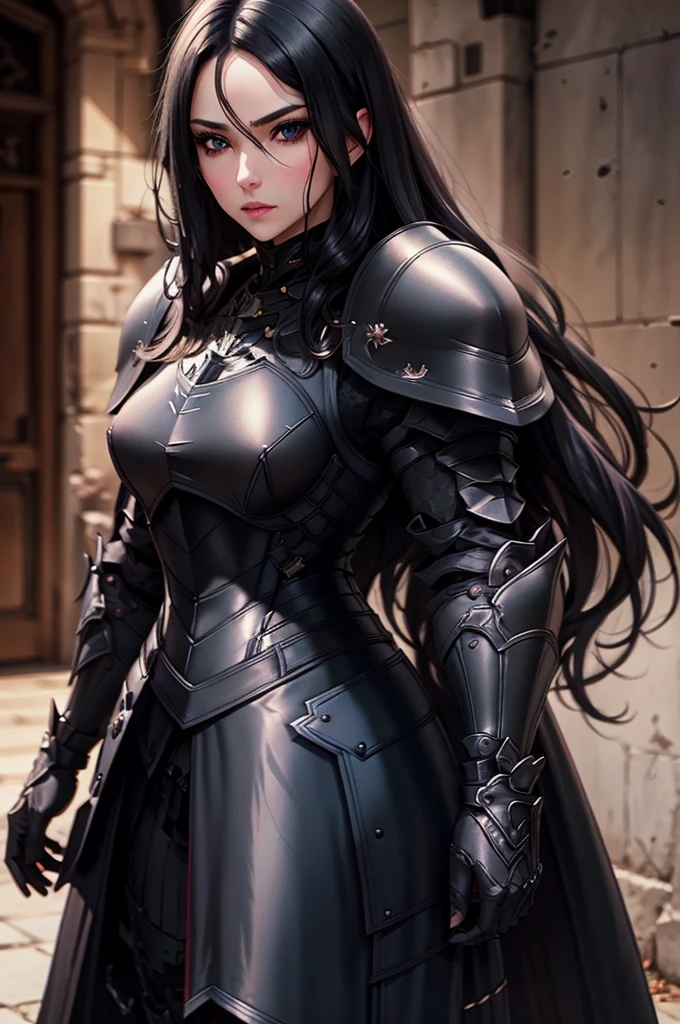 black armor knight, pale, woman, long straight black hair, blue eyes, black armor, adult, pretty eyes