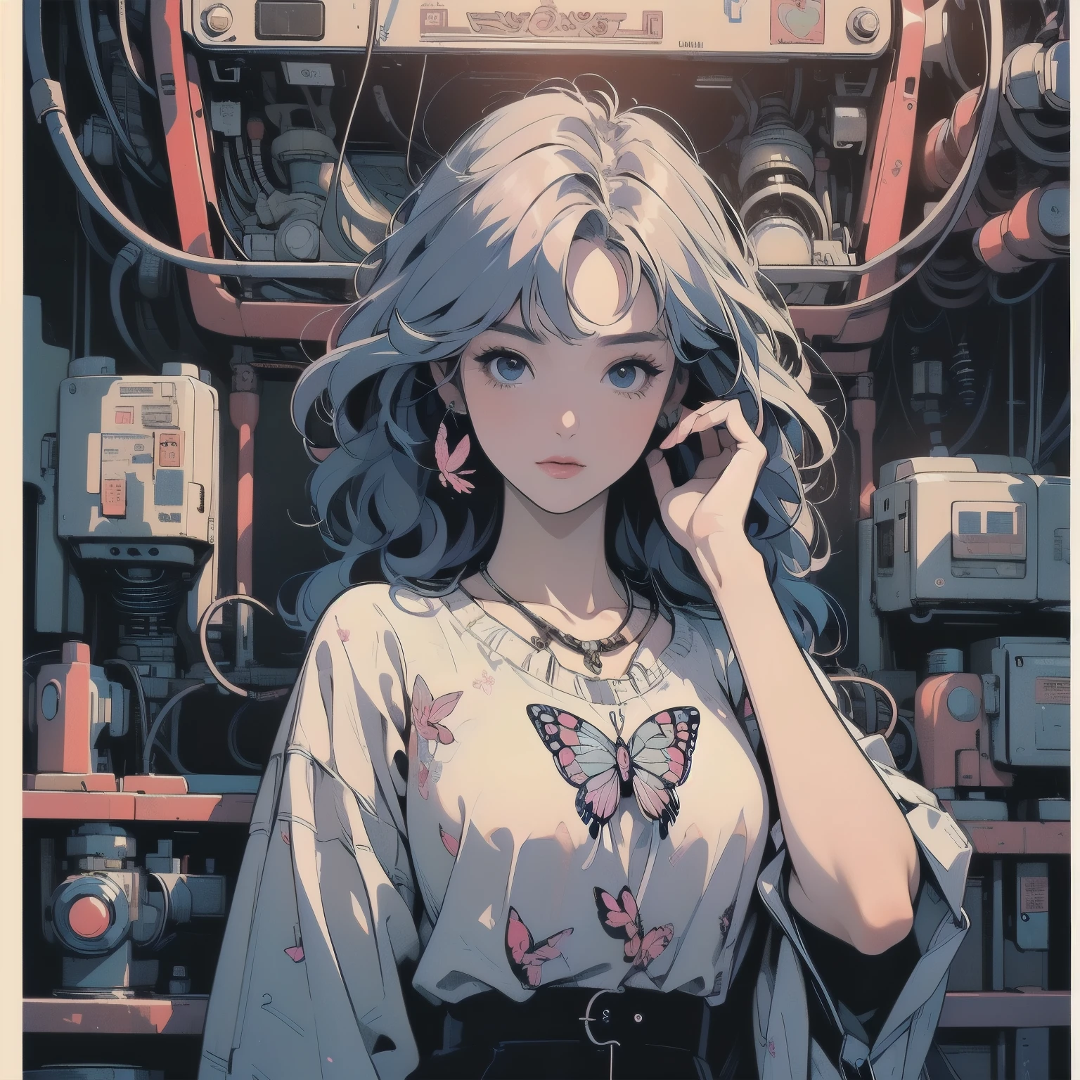 (((masterpiece, Highest quality)))、(((32K Wallpapers)))、The most detailed machine、(((The most complete and detailed red futuristic machine and a woman)))、The most detailed background、(((Flat Chest)))、(((Surrounded by many complex, sophisticated, futuristic machines)))、head shot,((((various pose))))、((Overall colorfully))、A perfect machine、(((Perfect Face)))、(((The most complete machine of the future)))、Detailed Hair、Short sleeve white T-shirt、Colorful hair color、(((Mechanical erfly))), (((Lots of cables)))