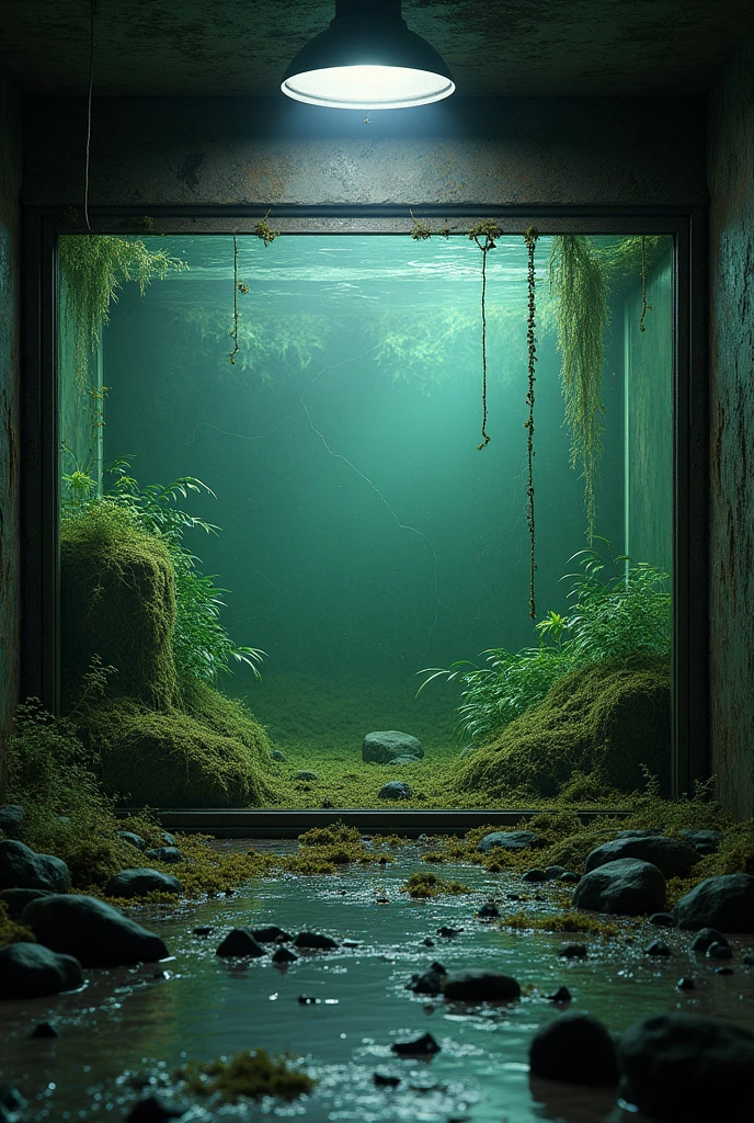 Create a dilapidated fish tank backdrop with moss and make it look abandoned and flooded