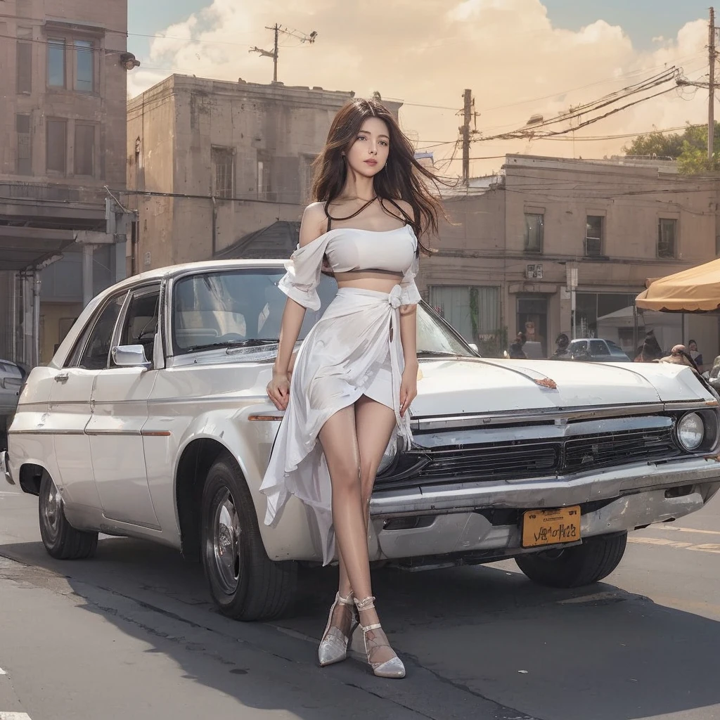 1girl, solo, long hair, breasts, looking at viewer, brown hair, black hair, dress, cleavage, outdoors, day, white dress, covered nipples, lips, hand on hip, covered navel, ground vehicle, motor vehicle, car, road, street, real world location