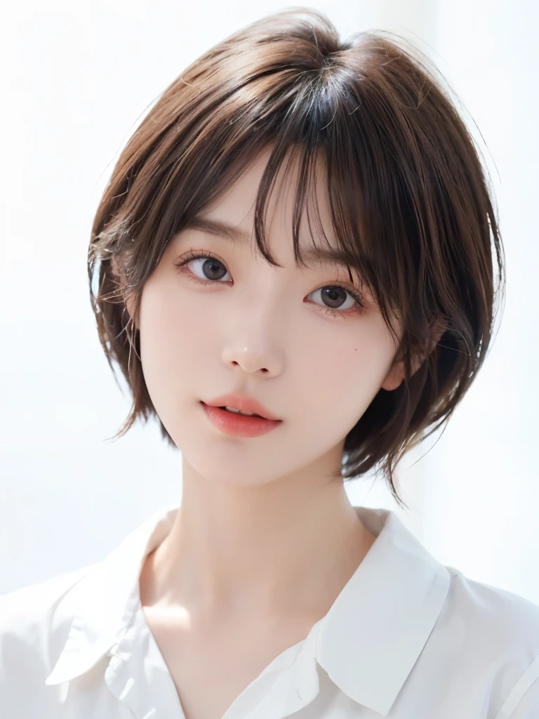1 very cute girl、、short hair、natural Hair、Reduces hair volume、white Blue background、Upper Body、(head shot:1.5)、Eyes focus、Collared shirt、Laughter、、(8k、RAW Photos、highest quality、masterpiece:1.2)、(Realistic、Realistic:1.3)、Hmph、The depth of the written world、Wide Light、High Contrast、(Shine:1.4)、chromatic aberration、Sharp focus、RAW color photos、Cinema Lighting、8K resolution、