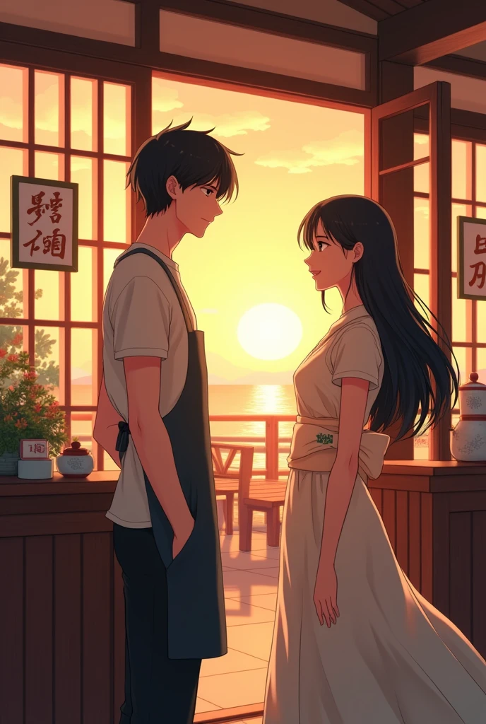 Two characthers in the frame with modern anime theme art. one character is male with flat face expression with coma hairstyle using white t-shirt and apron on it standing behind the counter. the male character looking at Beautiful female with beautiful smile with long hair and japanese one piece coming from the front door. The tea shop with western traditional vibe with sunset time setting