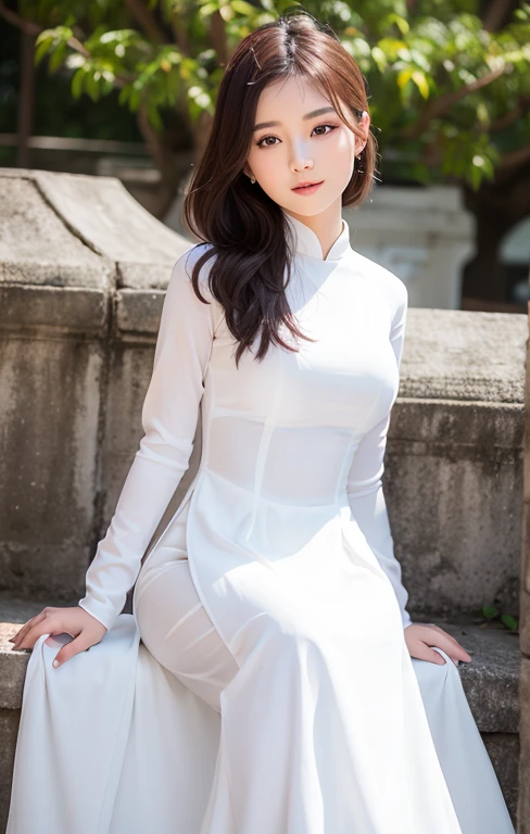 A beautiful Vietnamese woman in white longdress,