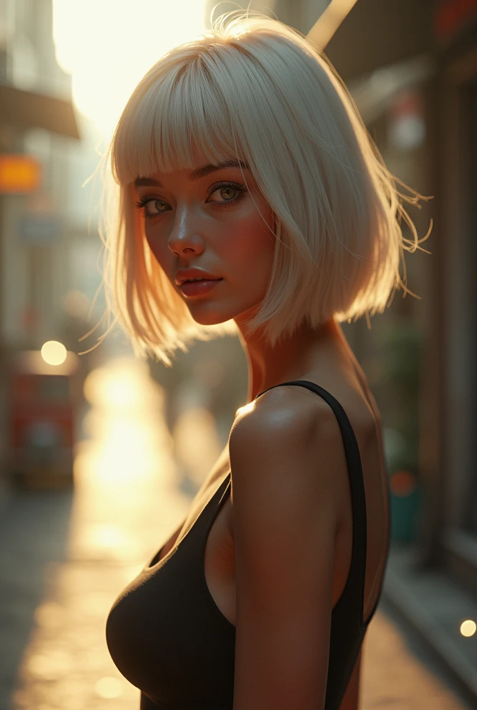 (full body：1.4),full body shot, srandeing,Very detailed CG Unity 8k wallpaper, highest quality, Very detailed, masterpiece, Realistic:1.2 , Platinum dark blonde bob cut hair , perfect sexy body , Anatomically correct ,Very detailed sexy seductive sensual hot girl, Age 25, Round eyes,Focus on your audience, blush, Lips parted,,Off the shoulder、Half Open, Bright lighting atmosphere ,Top Angle , A satisfied look at the climax, Open your mouth、walking, walking、Heel、nail