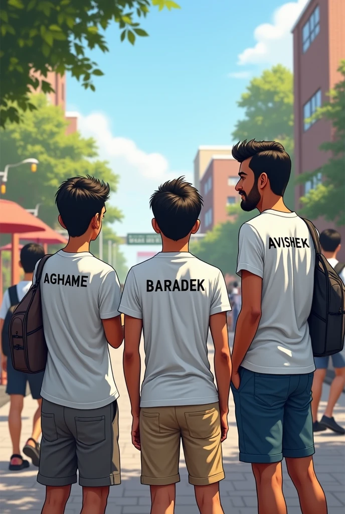 Student white t shirt boyes named in their t shirt back keshav dinesh avishek are watching their collage name Bahradashi community campus