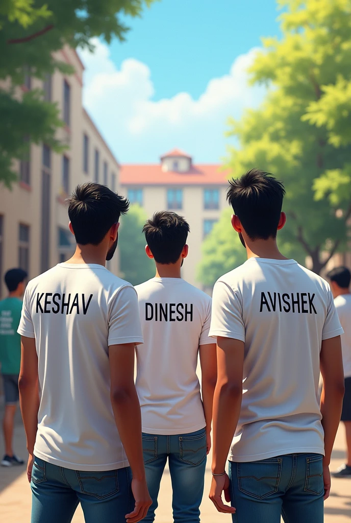 Student white t shirt boyes named in their t shirt back keshav dinesh avishek are watching their collage name Bahradashi community campus