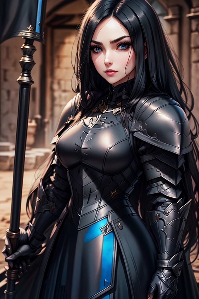 black armor knight, pale, woman, long straight black hair, blue eyes, black armor, adult