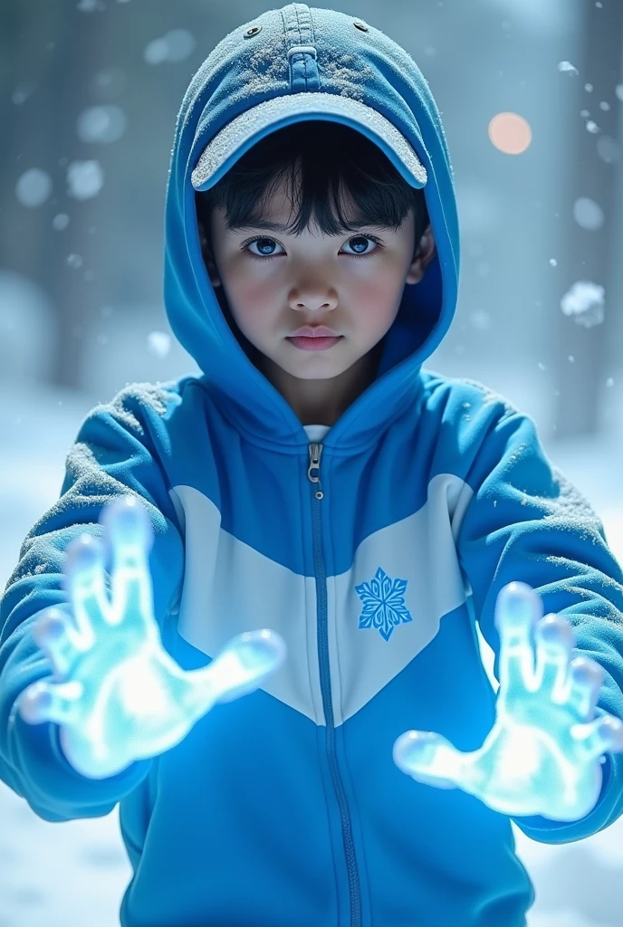 a young real age age 15 Malaysia Indonesia (blue eyes. . wearing an (blue and white ) zip-up shirt, (blue and white )wear hood cap with small (snow flakes) logo, detailed face, cinematic lighting, dramatic atmosphere, vibrant colors, 8k, high quality, photorealistic. Hero suit. (Ice)come from his hand. Snow (ice).jeans pants. Very strong. Future design dress. Cool environment.,