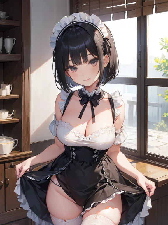 1 Female、Black short hair、Short Bob、Long Bangs、Maid-inspired swimsuit、Chiffon and lace、Big fluffy ribbon、Headdress、Apron-like front、detailed face, perfect proportion, smiling full of compassion 