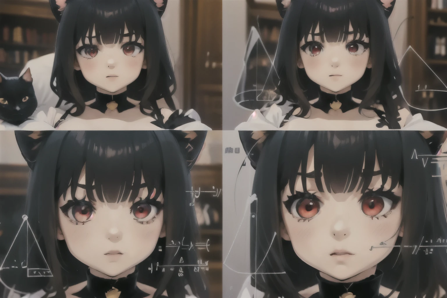 Highly detailed, High Quality, Masterpiece, beautiful, 1girl junkotvv, black hair, red eyes, cat ears, MathLadyMeme, Black_outfit,