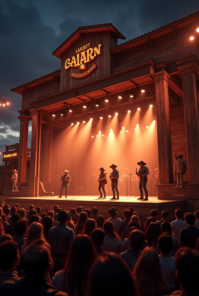 (photorealism:1.2), create an elevated stage night event with lights with a design and theme about wild west