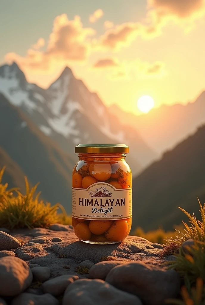 Put a company name on image Himalayan Delight .     And create a Image: A sun rising over the Himalayas, casting its golden rays on a pickle jar. 