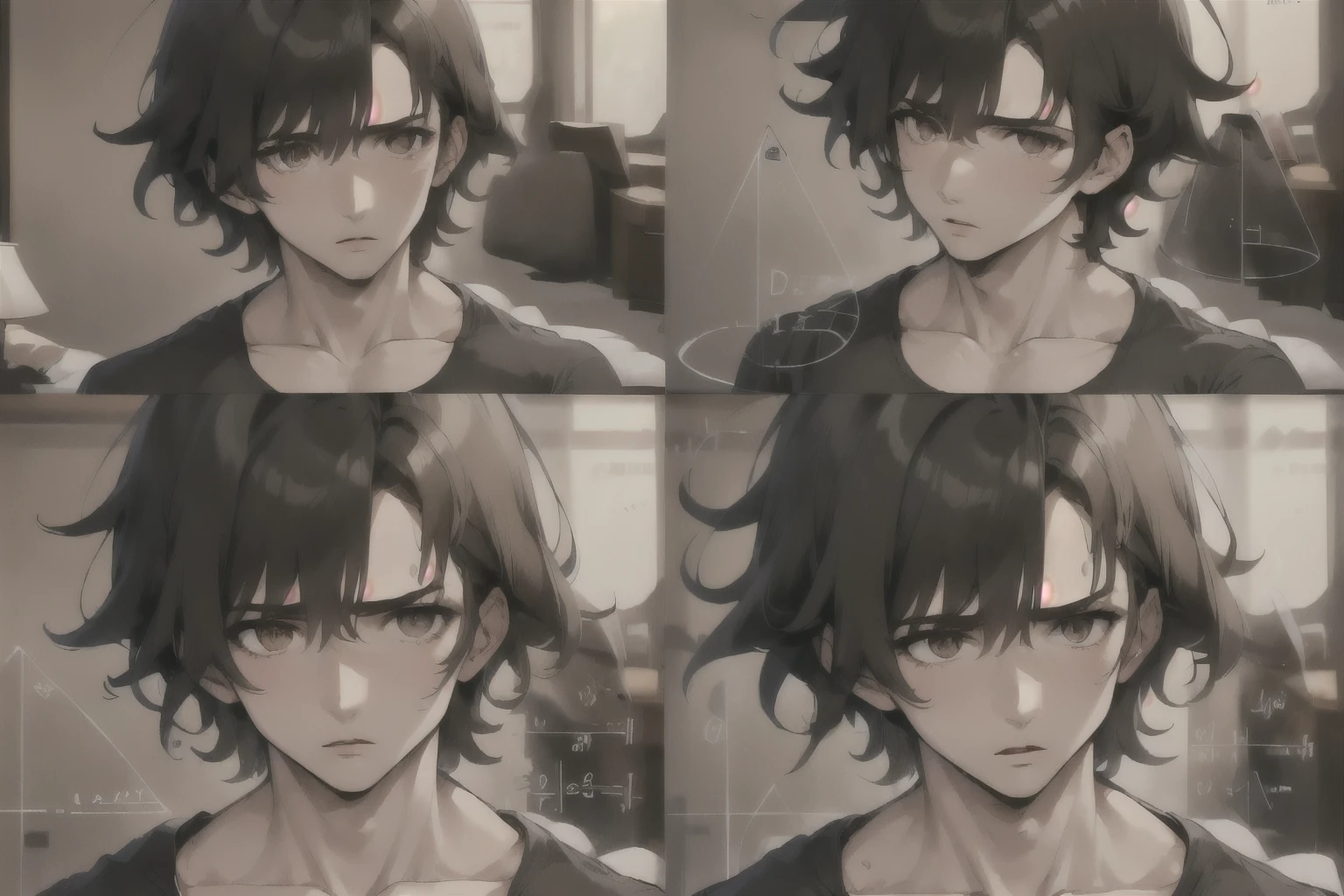 Highly detailed, High Quality, Masterpiece, beautiful, 1boy messy hair neocruz, MathLadyMeme, Black_outfit,