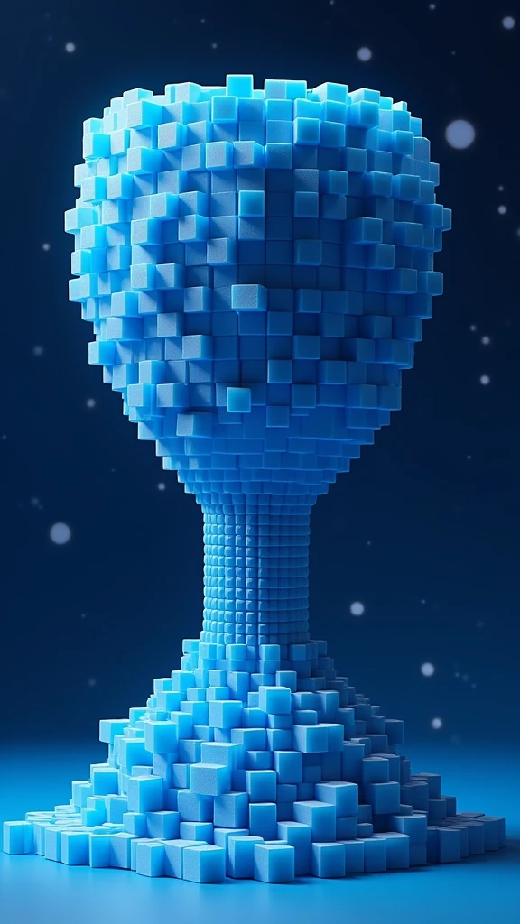 Trophy shape made of small blue cubes，Plastic texture，Deep blue space，Sense of space，Mosaic，The art of math，C4D，OC Renderer，Studio Lighting