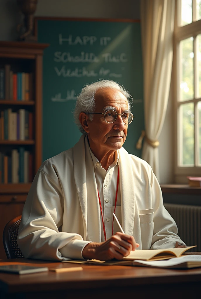 Here's a prompt for a Teacher's Day banner featuring Dr. S. Radhakrishnan:
---
**Banner Title:** Happy Teacher's Day!
**Main Image:** A dignified portrait of Dr. Sarvepalli Radhakrishnan, set against a beautiful and serene background, such as a classroom scene, a book-filled library, or a tranquil nature setting with subtle educational motifs.
**Text:**
- **Header:** Celebrating Teachers and Their Dedication
- **Body:** "Honoring the legacy of Dr. Sarvepalli Radhakrishnan, a visionary educator and our inspiration."
- **Footer:** "Thank you to all the teachers who shape our future with knowledge and kindness."
**Design Elements:**
- Elegant fonts and a harmonious color palette.
- Incorporate subtle elements like books, chalkboards, or light rays to enhance the educational theme.
- Use a respectful and professional tone in the design to reflect Dr. Radhakrishnan's contributions.
---
Feel free to adjust the details according to your specific needs!