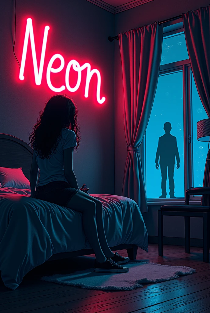 I want to draw the cover art for the new song of my band.
The song is call "NEON" and this is the idea for our the cover art:
"In the dark of the night a girl is sitting in her room and she can see in the other side of the apartment a strange silhouette that she can not understand if this is a real woman or a ghost.
In the wall of the room there is a big neon sign with the word "neon" and the ogo of the band".

The palette should be dark (primarily) and neon colours and all should be in style of golden age comic book.