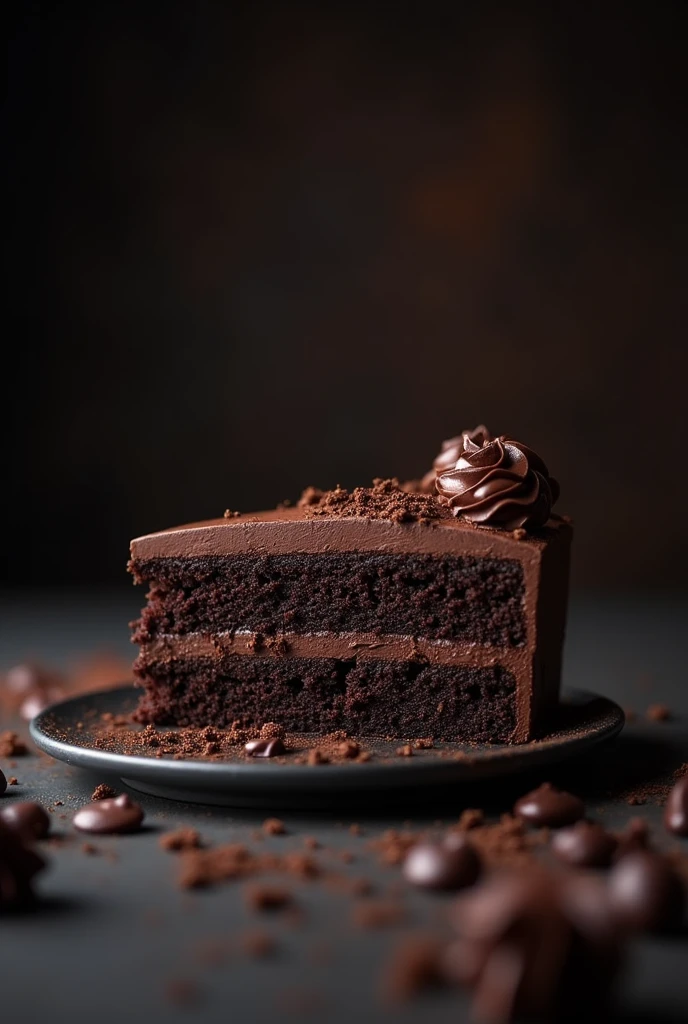 cinematic film still chocolate, chocolate cake, dark background, quality photo, moist texture, frosting, studio photo, slice . shallow depth of field, vignette, highly detailed, high budget, bokeh, cinemascope, moody, epic, gorgeous, film grain, grainy