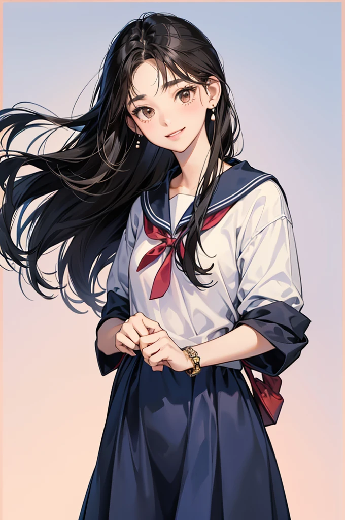 17-year-old Japanese high school girl, long straight black hair, kind brown eyes, soft round face, wearing a navy blue sailor uniform, pastel color dress for casual wear, simple earrings and thin bracelet, gentle smile