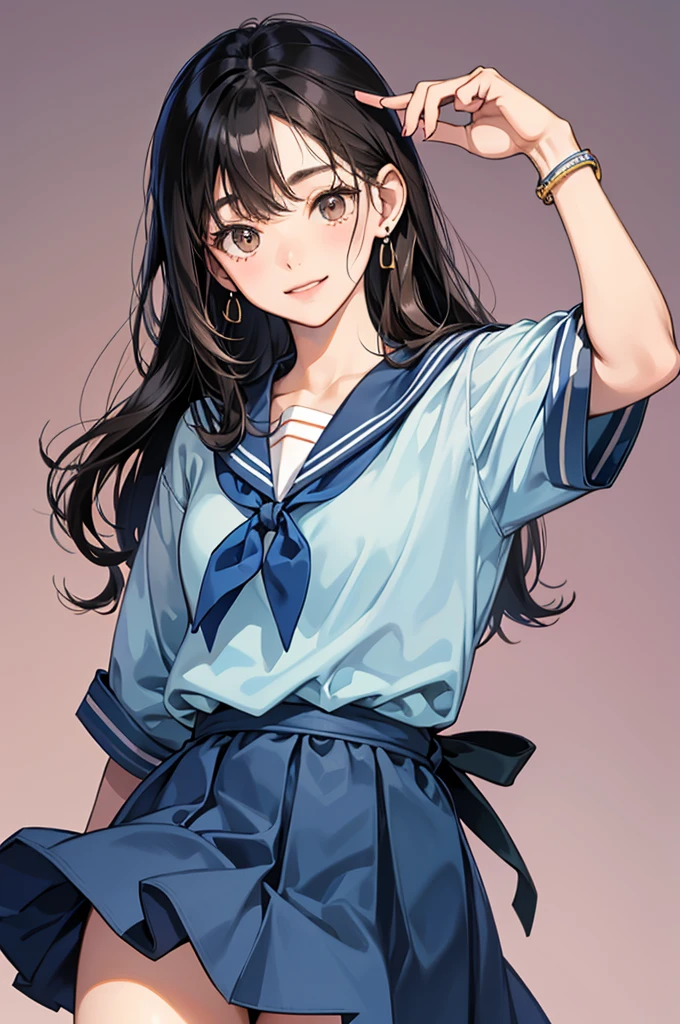 17-year-old Japanese high school girl, long straight black hair, kind brown eyes, soft round face, wearing a navy blue sailor uniform, pastel color dress for casual wear, simple earrings and thin bracelet, gentle smile