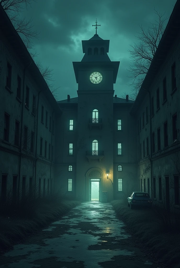 A scary night in the empty old hospital where the light is dim and the dim lamps are flashing and no one is there.