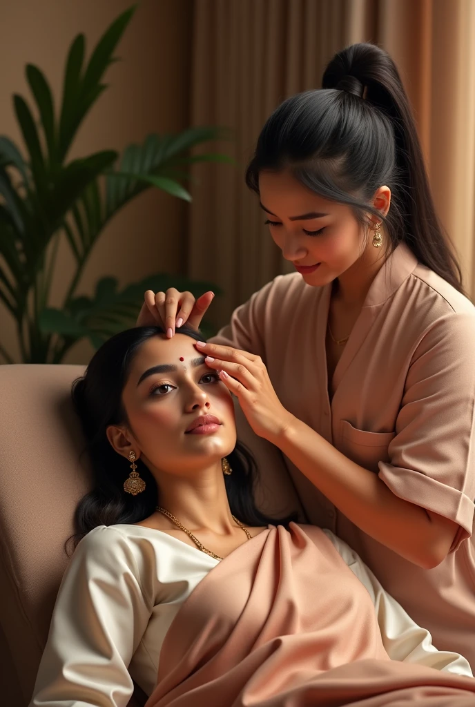 A serene Indian salon with a skilled beautician threading an Indian woman's eyebrows with precision. The woman has glowing skin and is comfortably reclined, while the beautician wears a stylish uniform. Emphasize the artistry of threading.