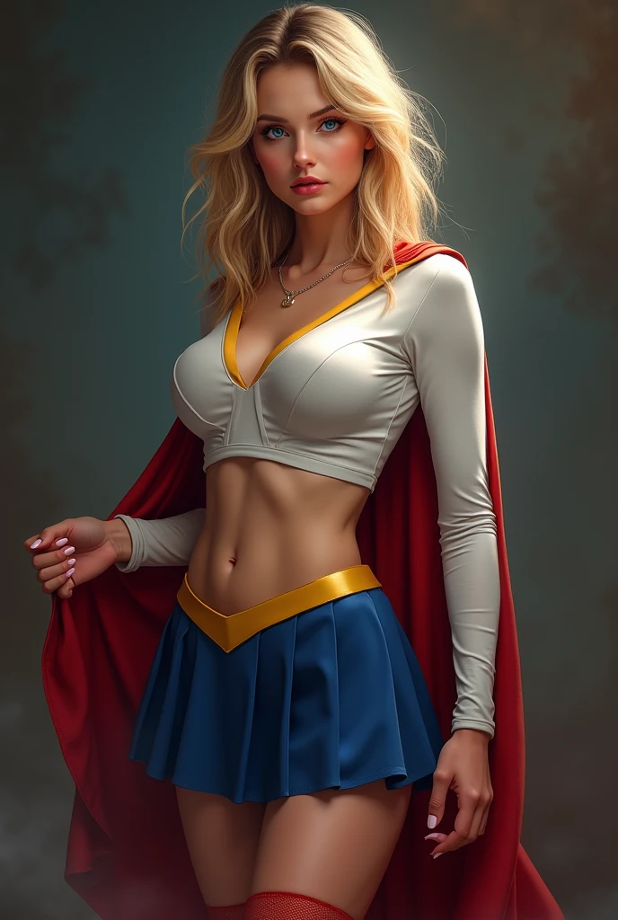 full view of A SEXY TEENAGE FEMALE WITH DARK BLUE EYES AND MEDIUM MESSY GOLDEN BLONDE HAIR WEARING A CLASSIC WHITE SUPERGIRL LONG SLEEVED CROP TOP COSTUME, A SHORT BLUE PLEATED SKIRT WITH A YELLOW SUPERGIRL BELT, RED HIGH HEELED SUPERGIRL BOOTS, AND SHORT RED SUPERGIRL CAPE WITH YELLOW TRIM. , incredibly detailed skin and eyes, seductive poses, 8K resolution, masterpiece, ultra-detailed, realistic, photo-realistic, vivid colors, dramatic lighting, massive thick bulging busty chest.