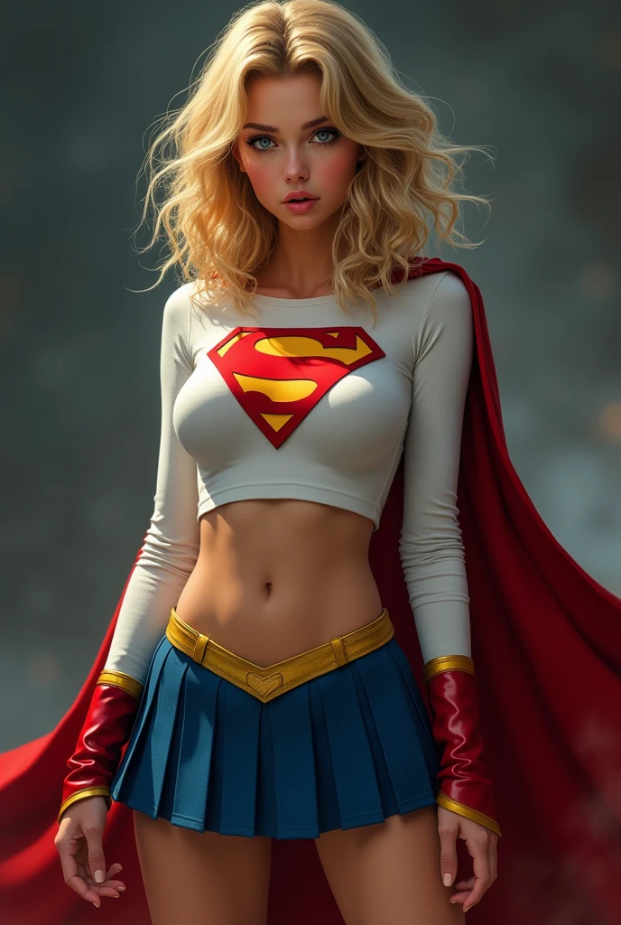 ull view of A SEXY CURVY FEMALE WITH DARK BLUE EYES AND MEDIUM MESSY GOLDEN BLONDE HAIR WEARING A CLASSIC WHITE SUPERGIRL LONG SLEEVED CROP TOP COSTUME, A SHORT BLUE PLEATED SKIRT WITH A YELLOW SUPERGIRL BELT, RED HIGH HEELED SUPERGIRL BOOTS, AND SHORT RED SUPERGIRL CAPE WITH YELLOW TRIM. , incredibly detailed skin and eyes, seductive poses, 8K resolution, masterpiece, ultra-detailed, realistic, photo-realistic, vivid colors, dramatic lighting, THICK CHESTED.