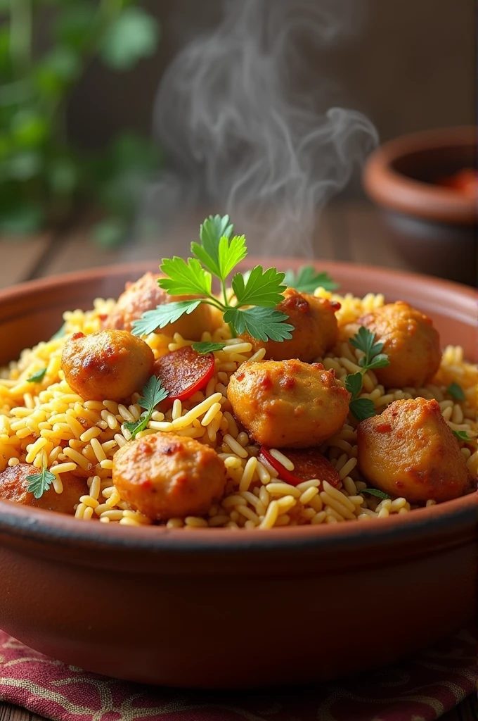 Realistic Chicken biryani in a pot showing from the side with soft front light on a biryani